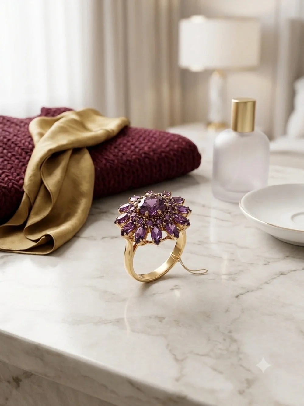 Gold Purple Cluster Cocktail Ring - Women Jewelry
